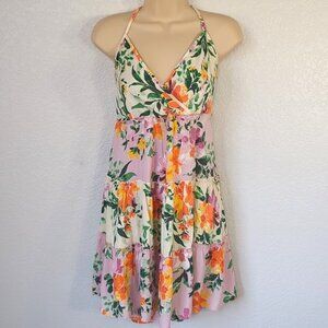 Angie Size M Dress Sleeveless Racerback Tiered V-Neck Floral Boho Mini